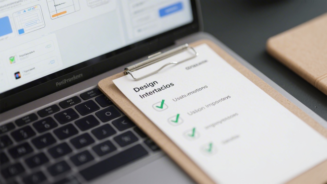 Close-up of a design iteration checklist with checkmarks next to usability improvements, placed beside a laptop showing a UI prototype.