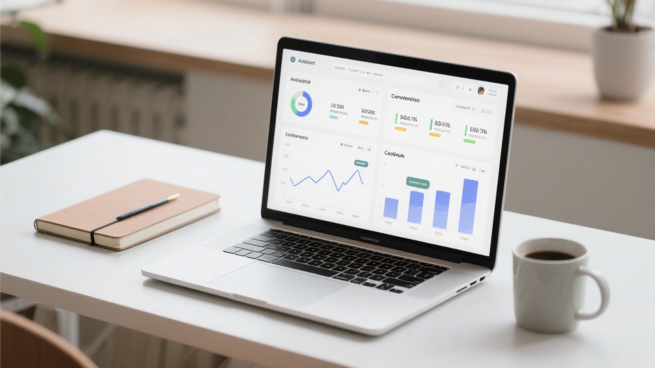 Laptop showing a clean analytics dashboard with charts, conversion metrics, and cohort data, surrounded by a notebook and a coffee mug in a calm workspace.