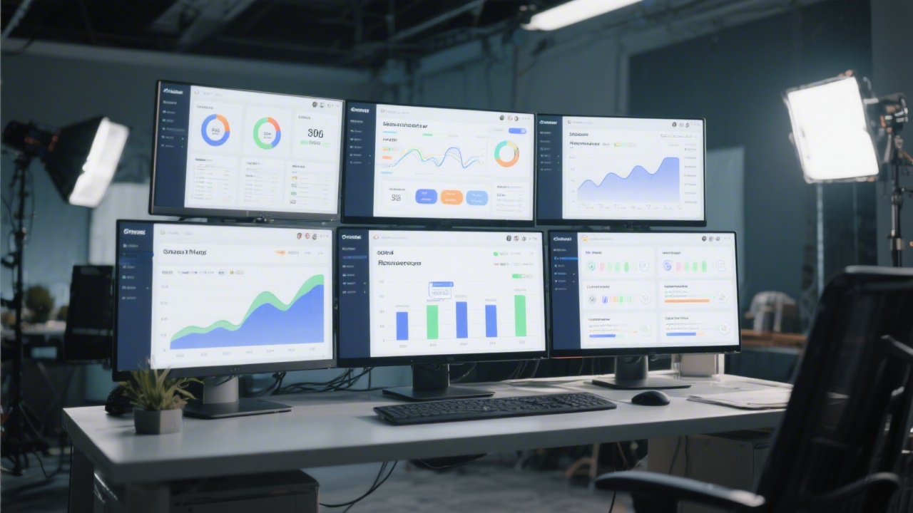 SaaS dashboard interface with growth metrics, retention graphs, and activation steps shown on multiple monitors in a professional studio setting.
