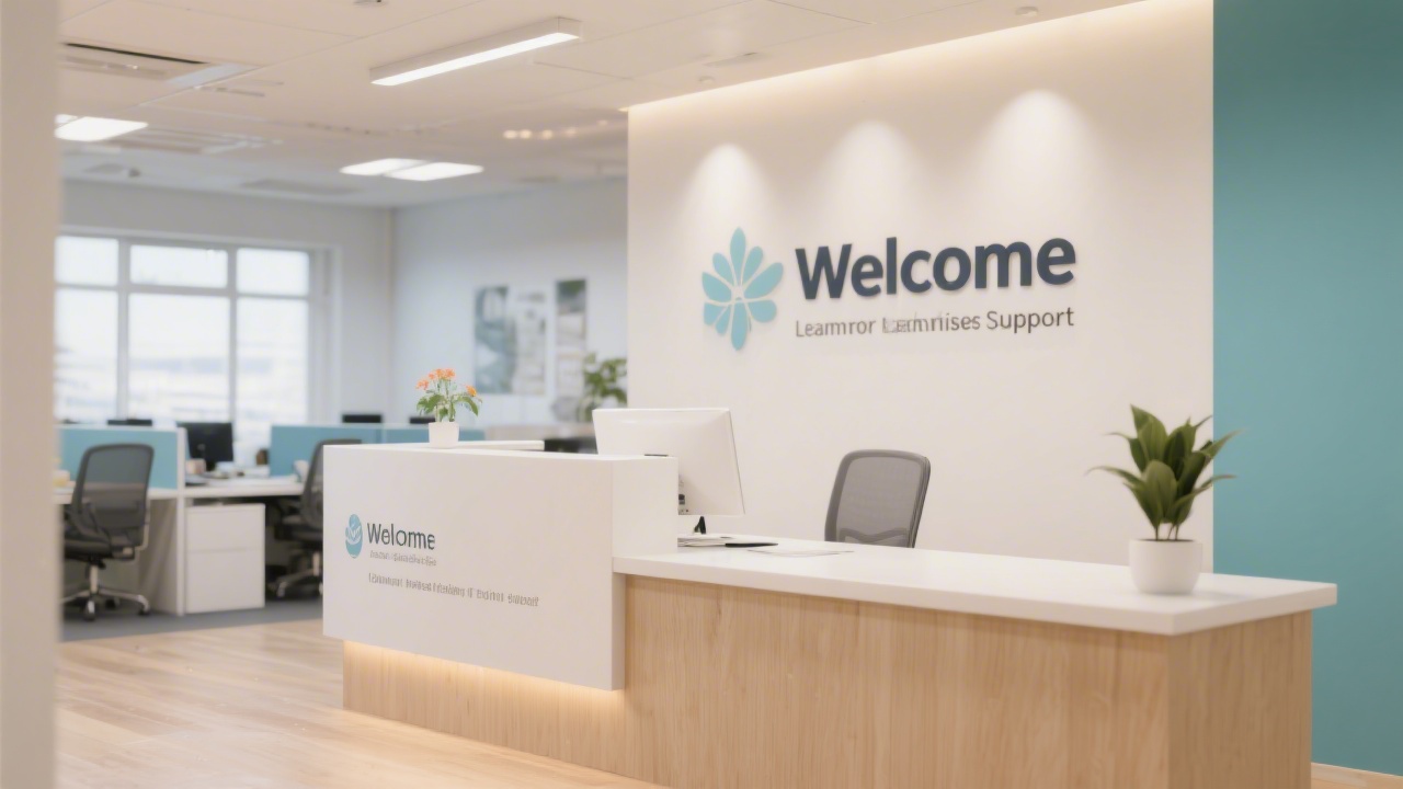 Bright office reception area with a clean desk, soft lighting, and a welcome sign, creating a professional atmosphere suitable for learner support.