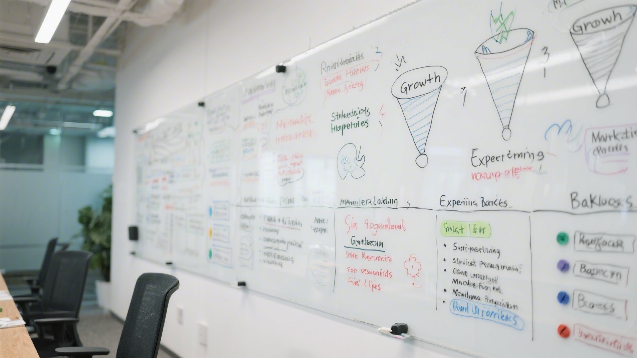 Strategic planning board filled with growth hypotheses, funnel sketches, and experiment backlogs on whiteboards, showing a structured approach to marketing planning.