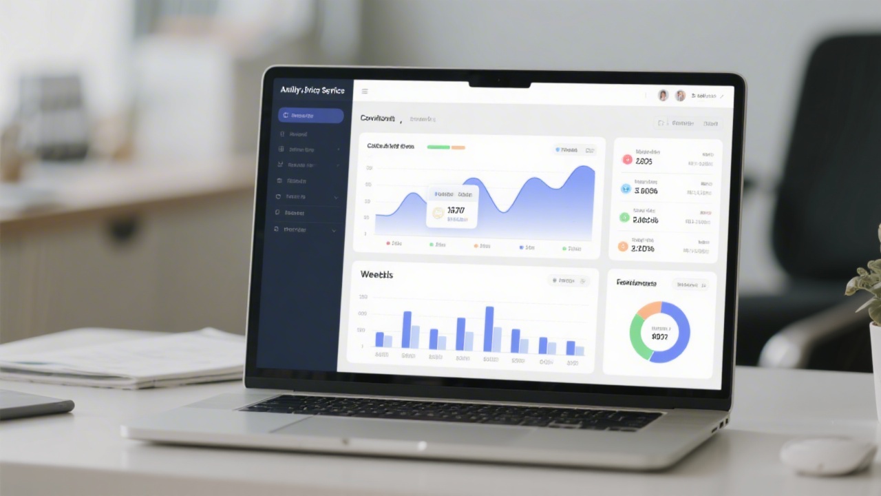 Analytics software interface with charts, conversion data, and weekly performance trends displayed on a laptop in a tidy workspace.