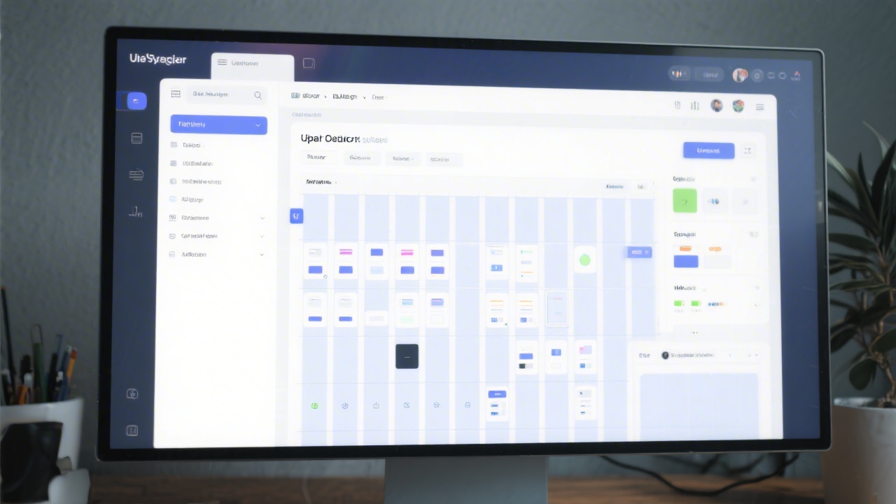 Digital design interface showing a UI component library and layout grid on a large monitor, indicating a structured design system workflow.