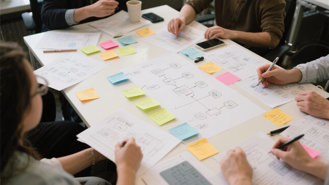 UX design workshop with wireframes, sticky notes, and user flow diagrams spread across a long desk, indicating a collaborative user experience process.